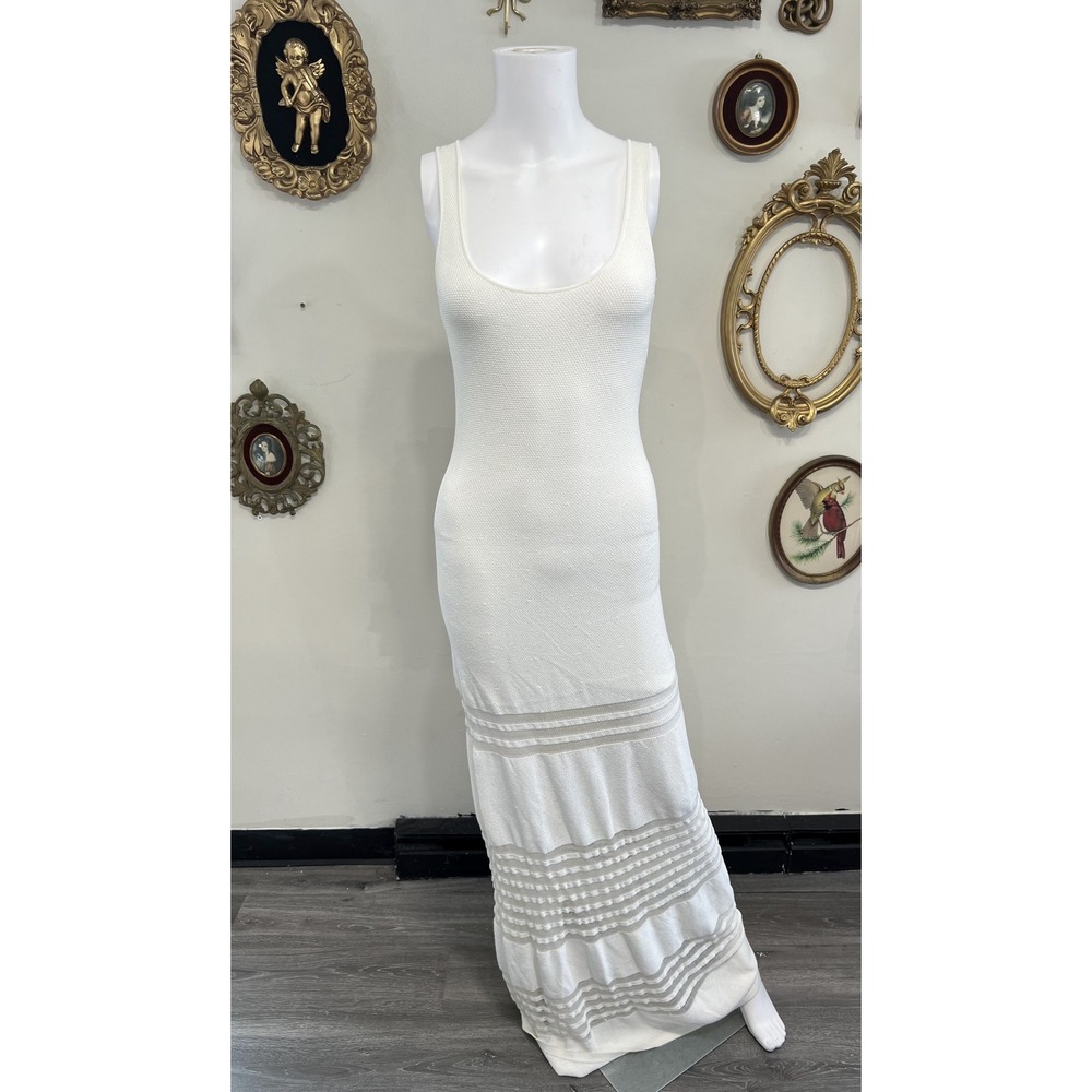 Torn by Ronny Kobo White Ribbed Knit Scoop Neck Maxi Dress Size Medium